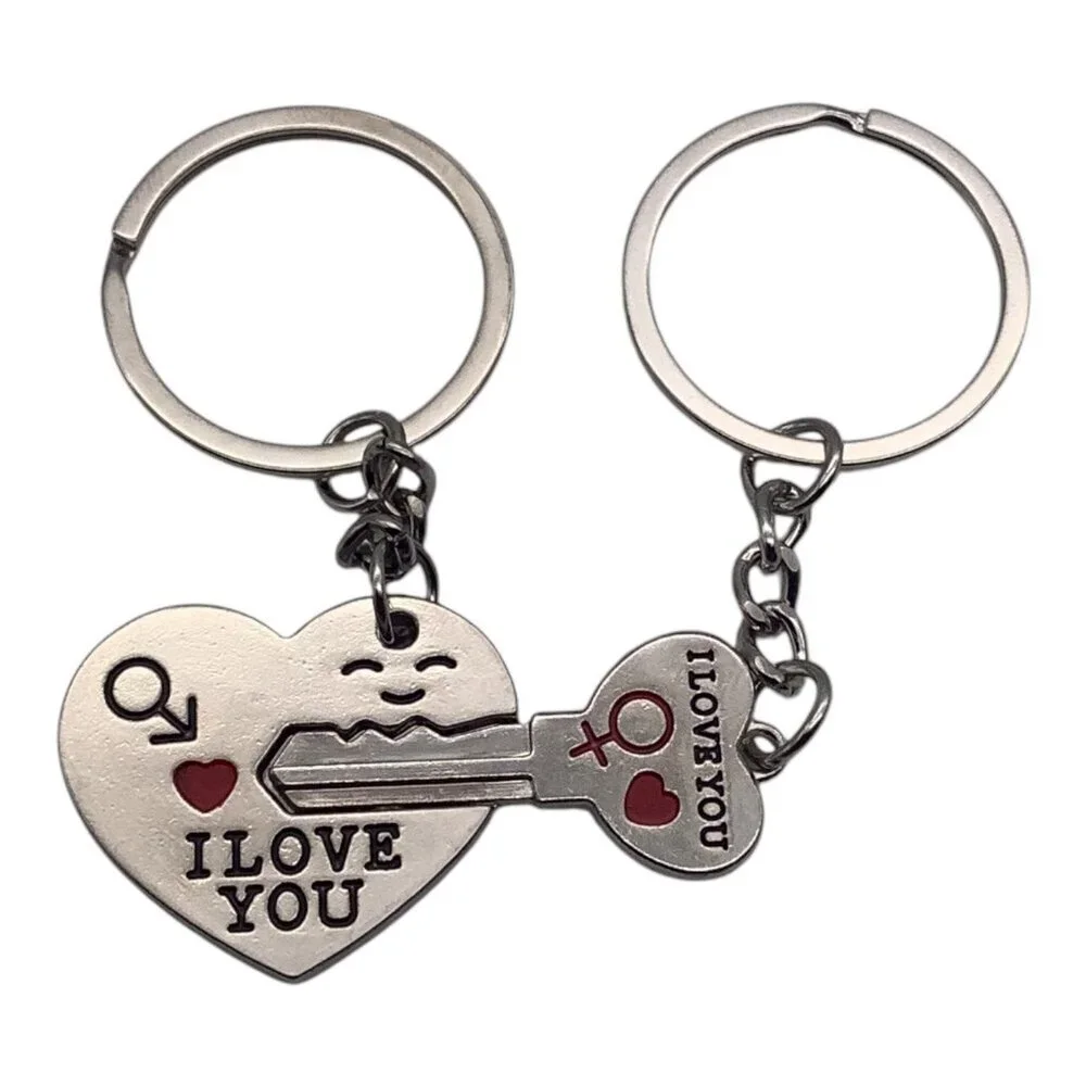 2pc Lovers Keychain Set Heart Lock & Key Design I Love‎ You Engraving Key Rings